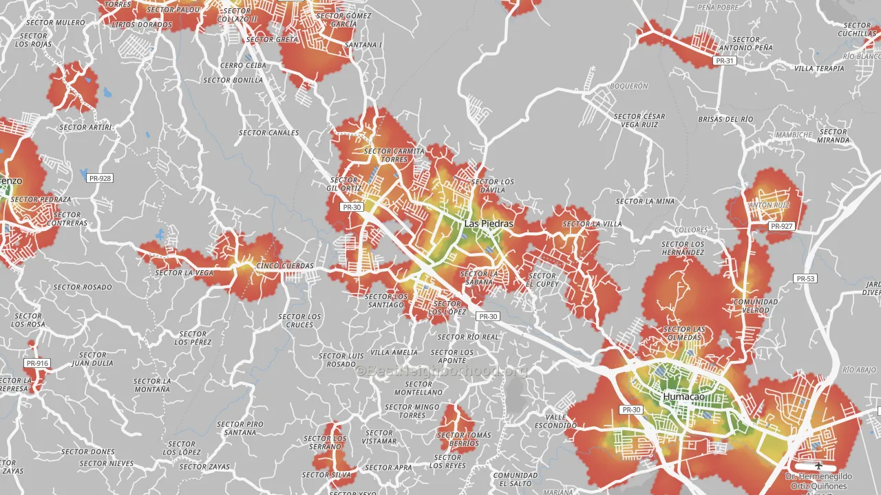 Walk Grade map of 00771, PR, walkable areas in green and car-dependent areas in red