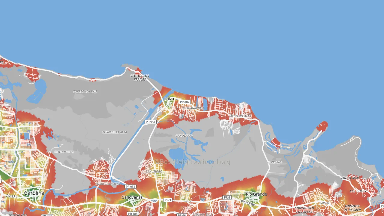 Walk Grade map of 00772, PR, walkable areas in green and car-dependent areas in red