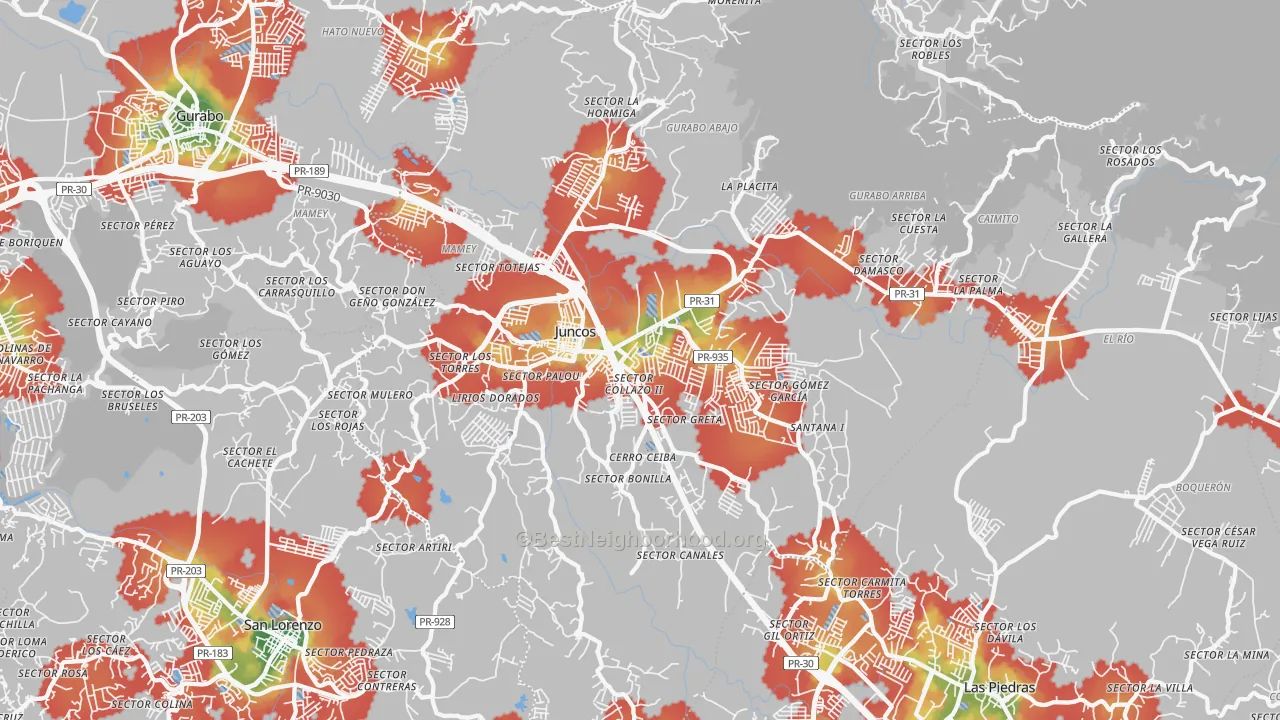 Walk Grade map of 00777, PR, walkable areas in green and car-dependent areas in red