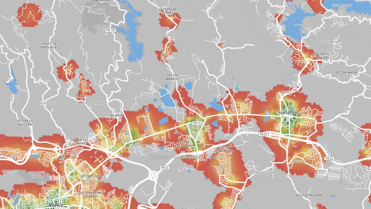 Walk Grade map of 00780, PR, walkable areas in green and car-dependent areas in red