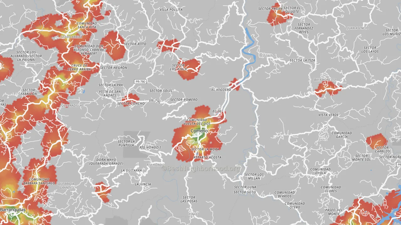 Walk Grade map of 00782, PR, walkable areas in green and car-dependent areas in red