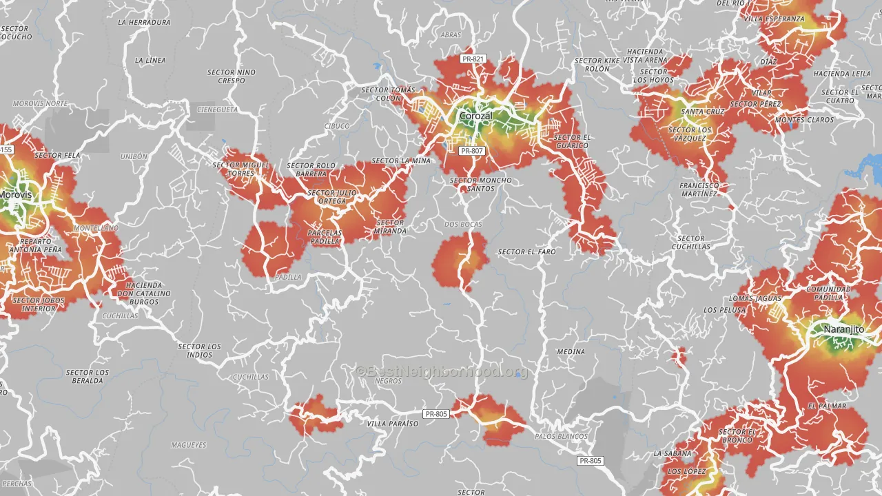 Walk Grade map of 00783, PR, walkable areas in green and car-dependent areas in red