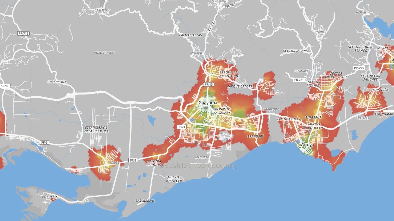 Walk Grade map of 00784, PR, walkable areas in green and car-dependent areas in red