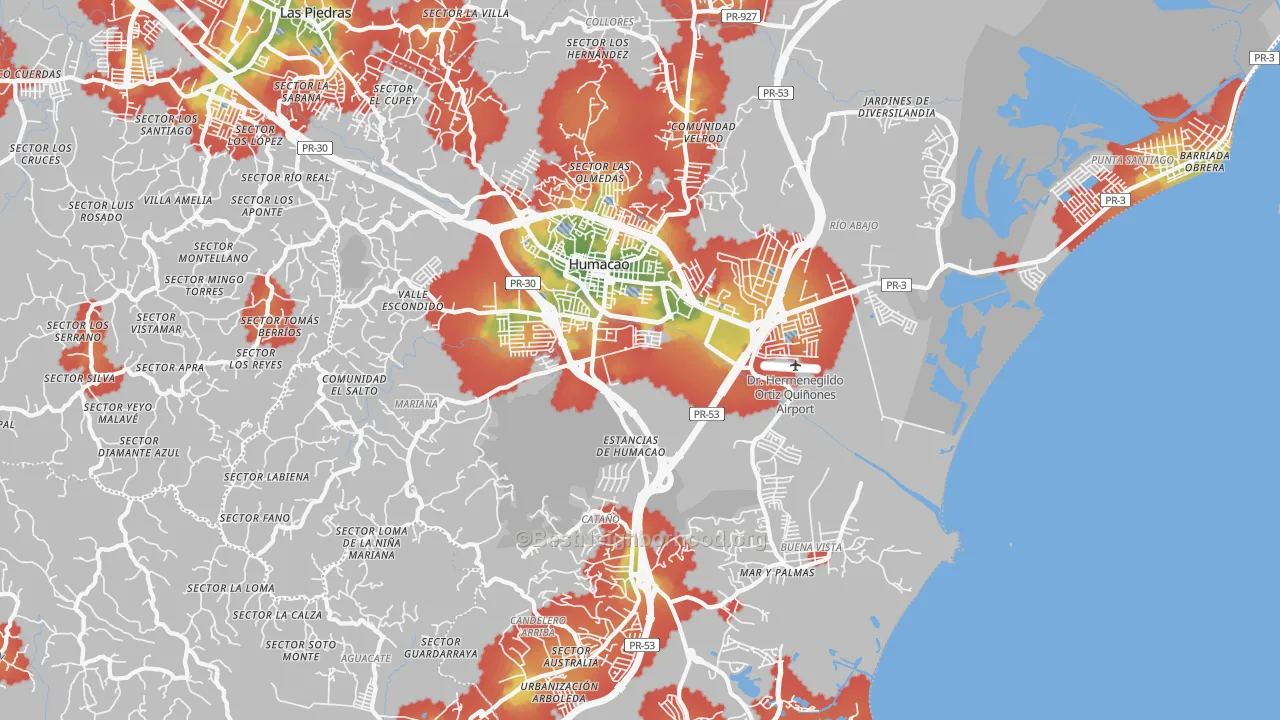 Walk Grade map of 00791, PR, walkable areas in green and car-dependent areas in red