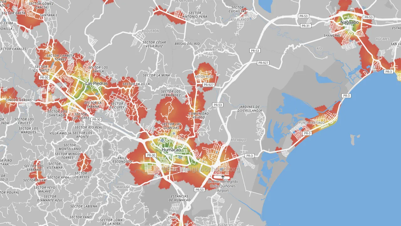 Walk Grade map of 00792, PR, walkable areas in green and car-dependent areas in red