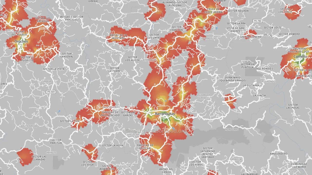 Walk Grade map of 00794, PR, walkable areas in green and car-dependent areas in red