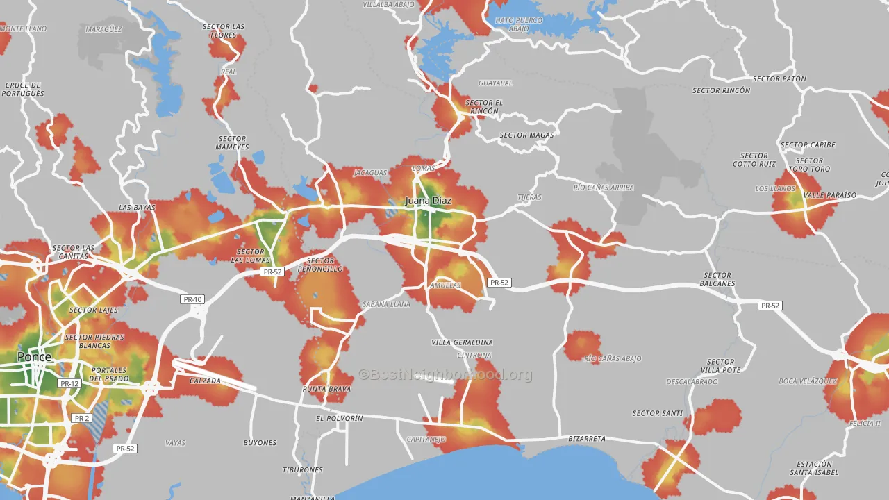 Walk Grade map of 00795, PR, walkable areas in green and car-dependent areas in red