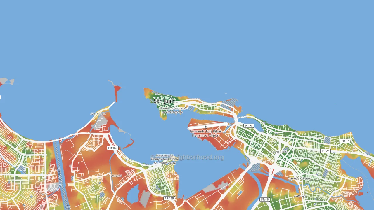 Walk Grade map of 00901, PR, walkable areas in green and car-dependent areas in red