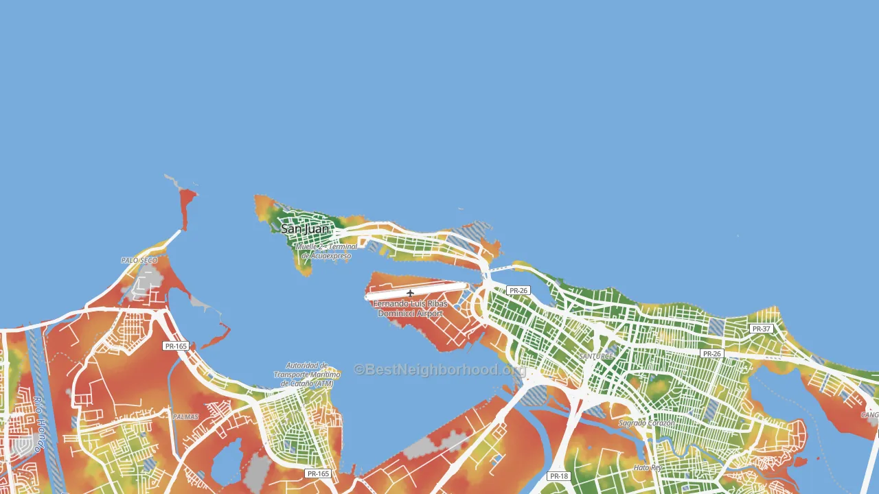Walk Grade map of 00906, PR, walkable areas in green and car-dependent areas in red
