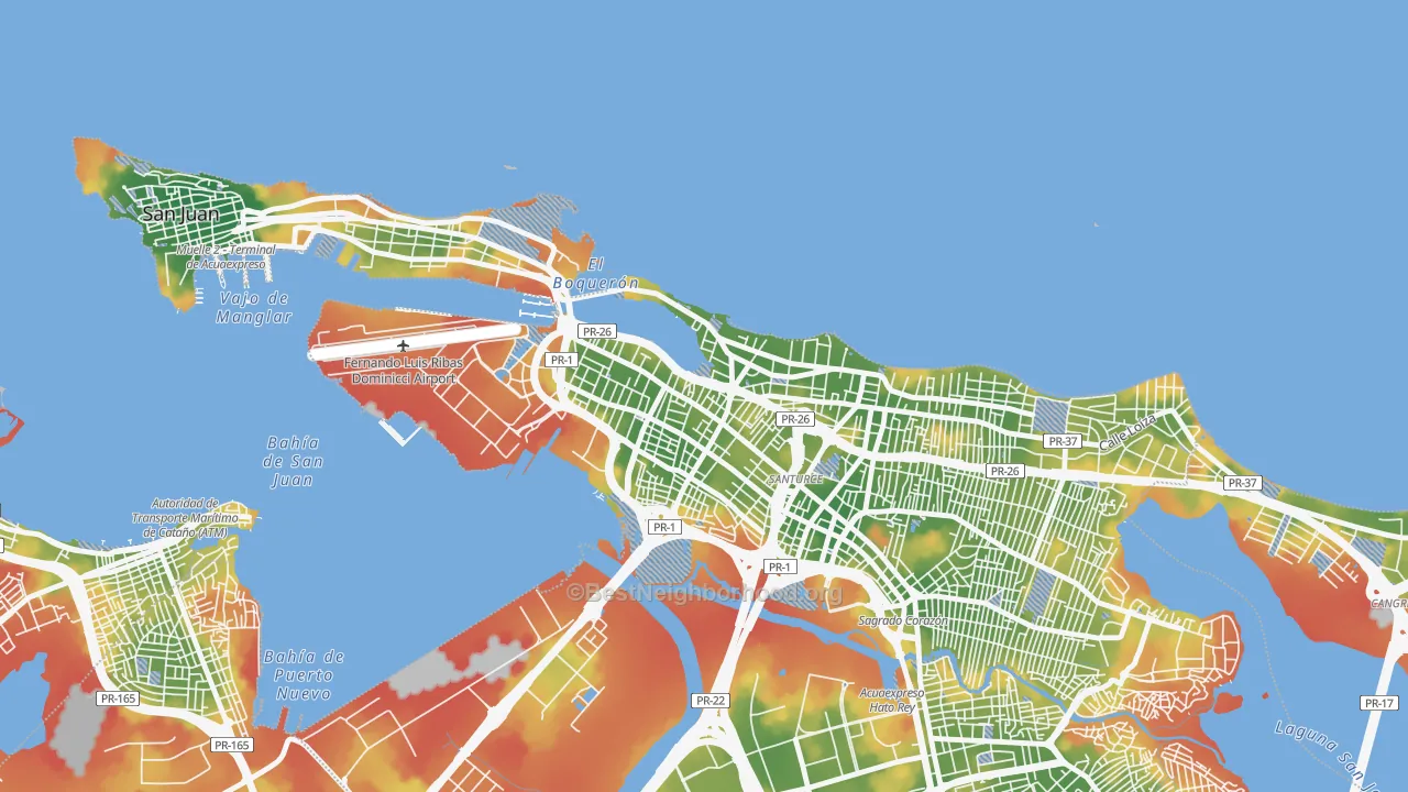 Walk Grade map of 00907, PR, walkable areas in green and car-dependent areas in red