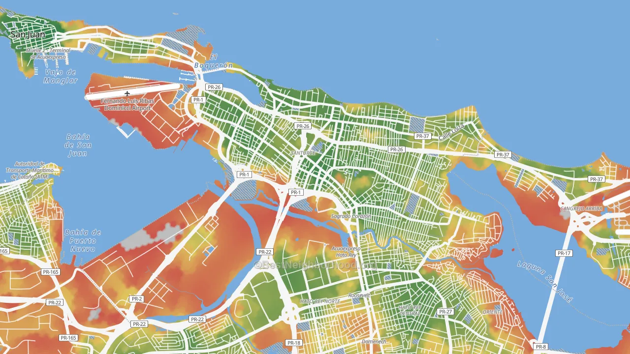 Walk Grade map of 00909, PR, walkable areas in green and car-dependent areas in red