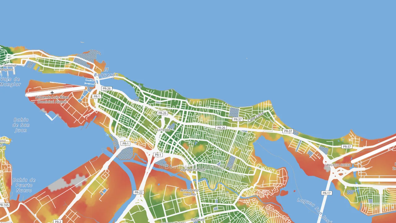Walk Grade map of 00911, PR, walkable areas in green and car-dependent areas in red