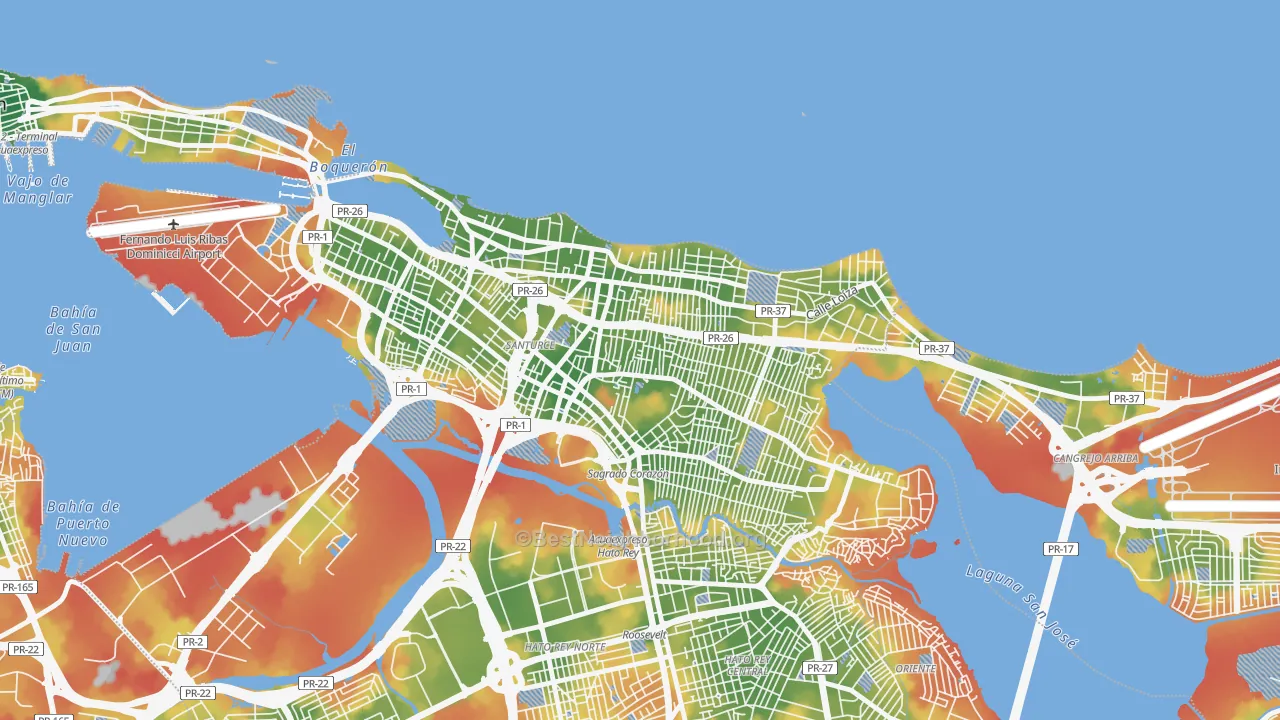 Walk Grade map of 00912, PR, walkable areas in green and car-dependent areas in red
