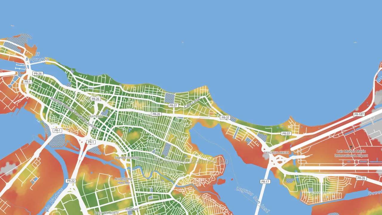 Walk Grade map of 00913, PR, walkable areas in green and car-dependent areas in red