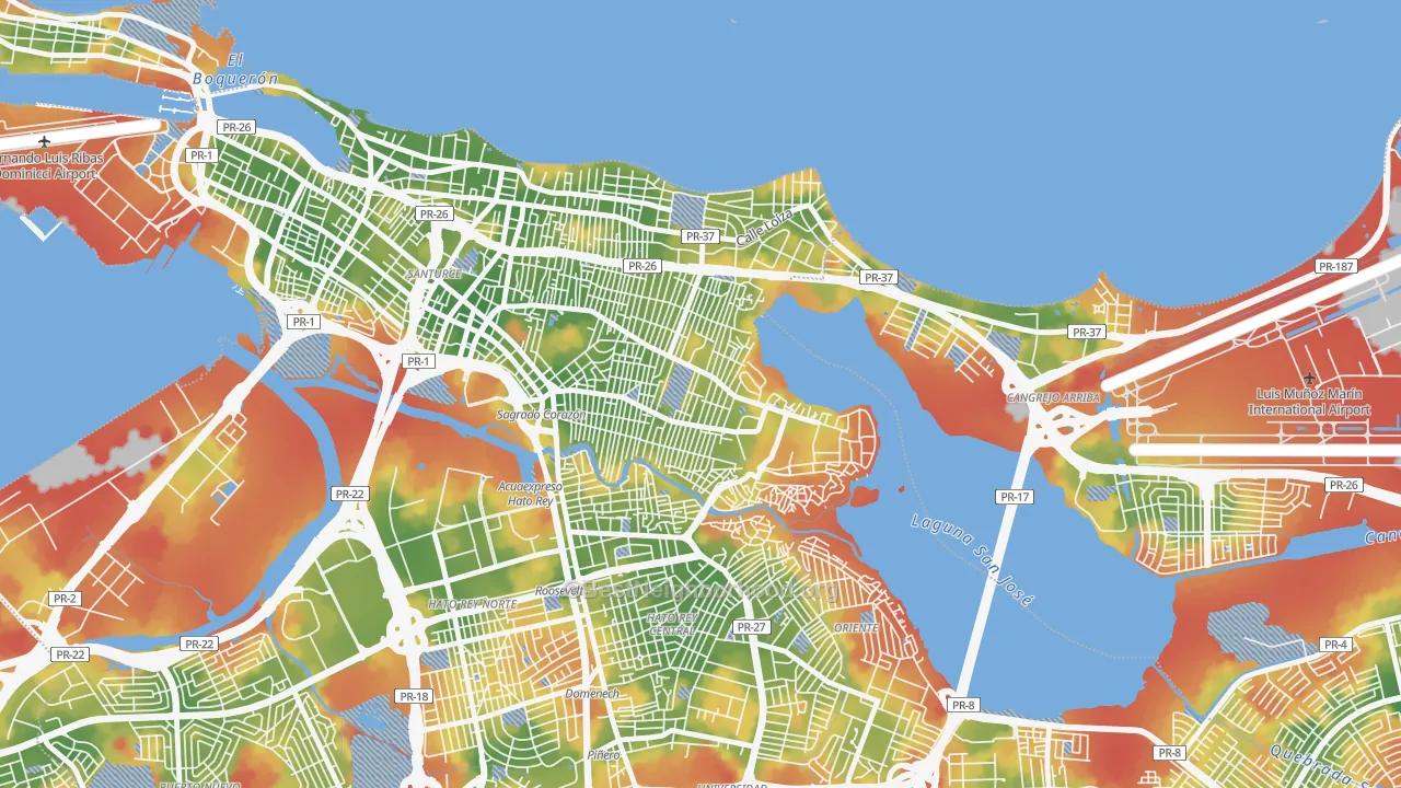 Walk Grade map of 00915, PR, walkable areas in green and car-dependent areas in red