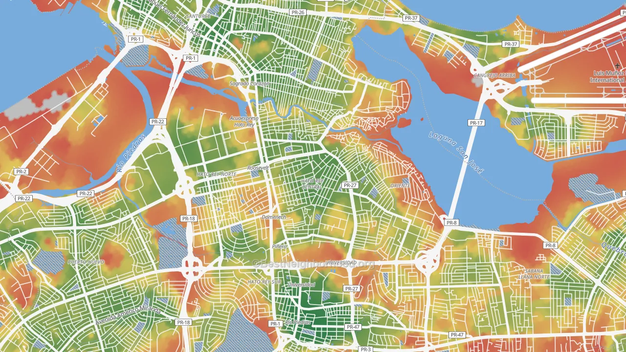 Walk Grade map of 00917, PR, walkable areas in green and car-dependent areas in red