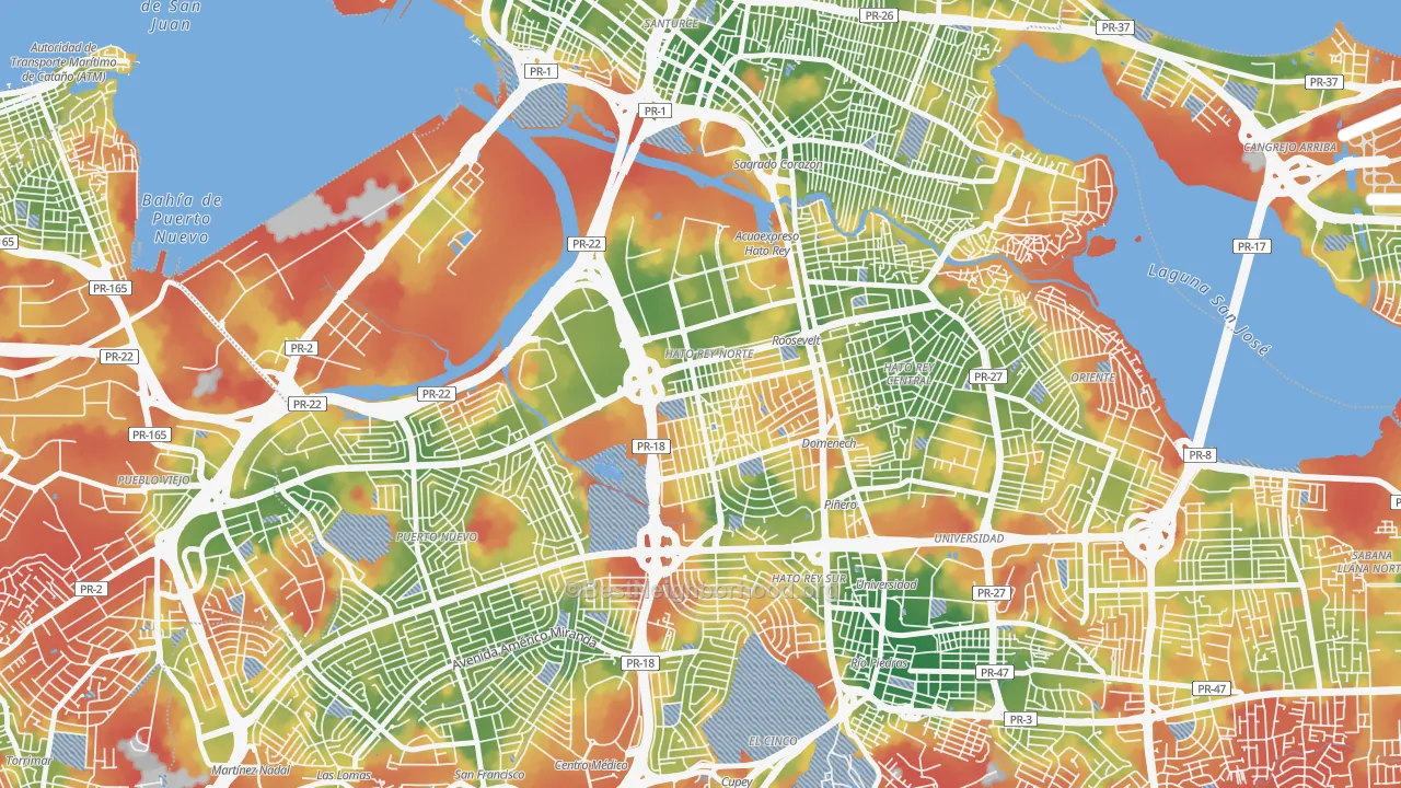Walk Grade map of 00918, PR, walkable areas in green and car-dependent areas in red