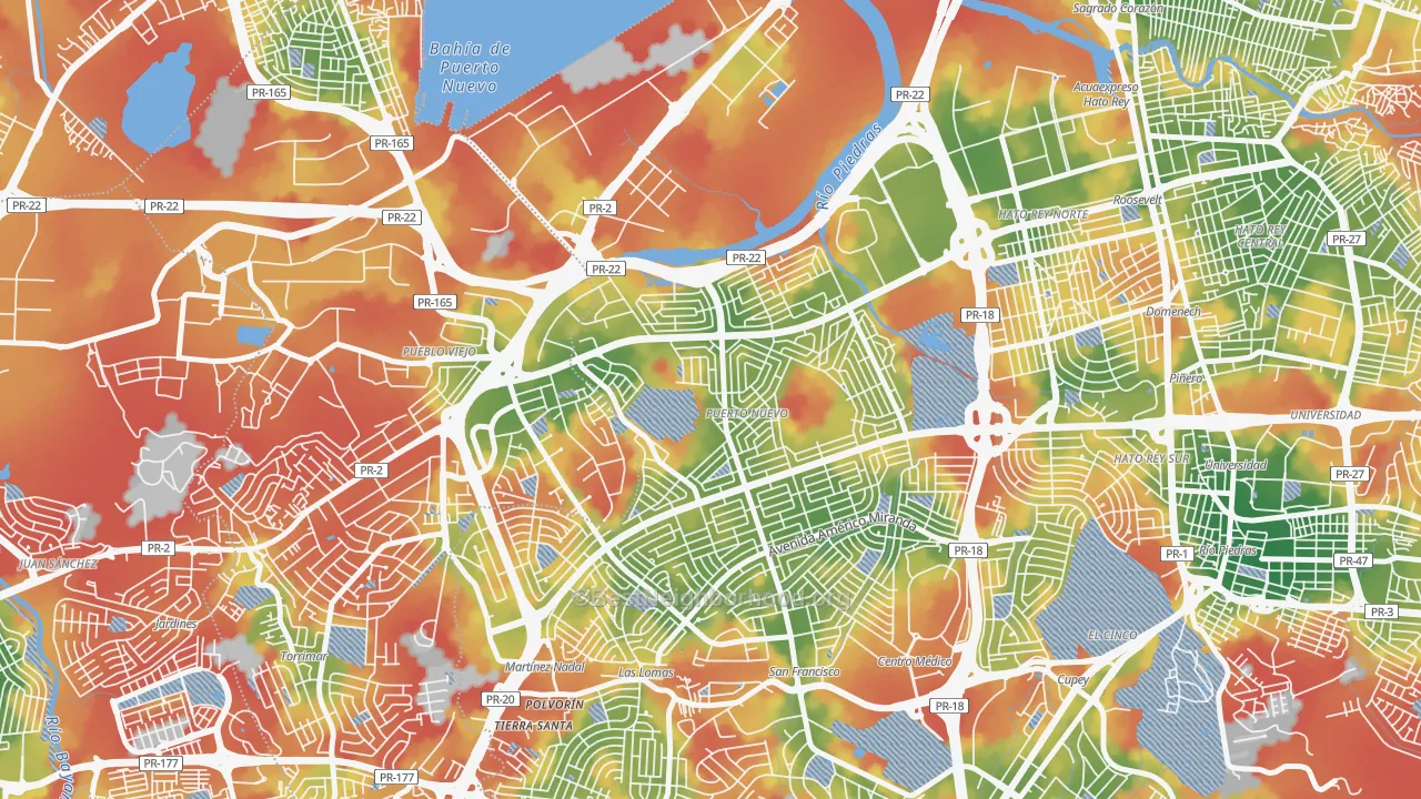 Walk Grade map of 00920, PR, walkable areas in green and car-dependent areas in red