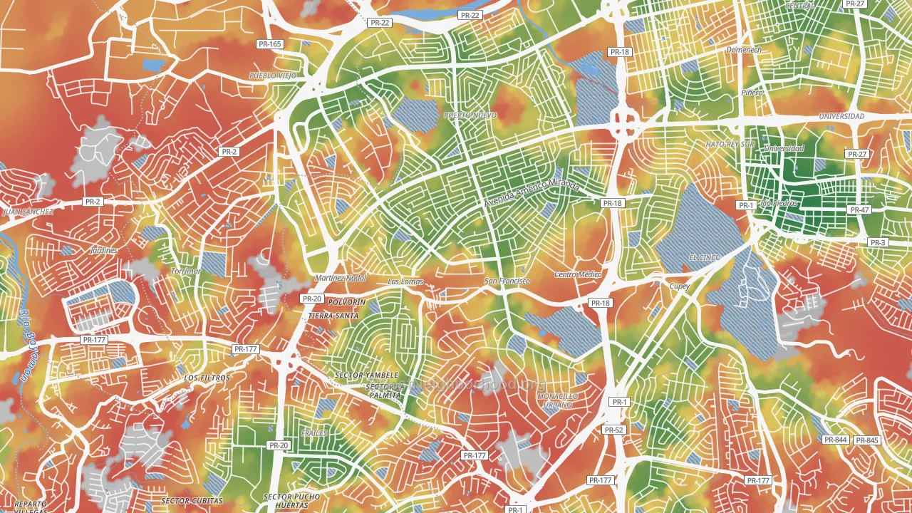 Walk Grade map of 00921, PR, walkable areas in green and car-dependent areas in red