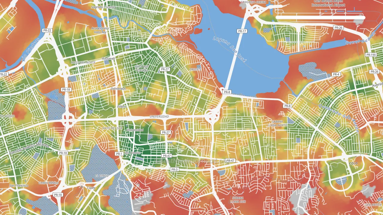 Walk Grade map of 00923, PR, walkable areas in green and car-dependent areas in red