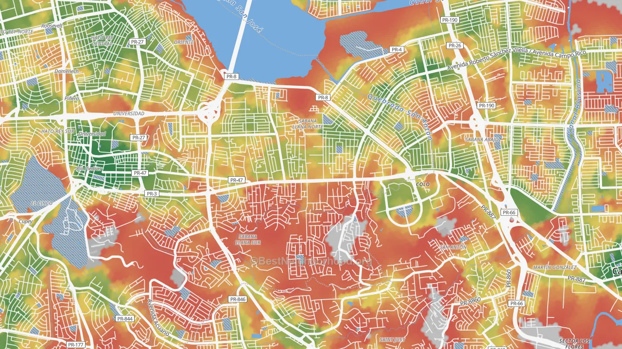 Walk Grade map of 00924, PR, walkable areas in green and car-dependent areas in red
