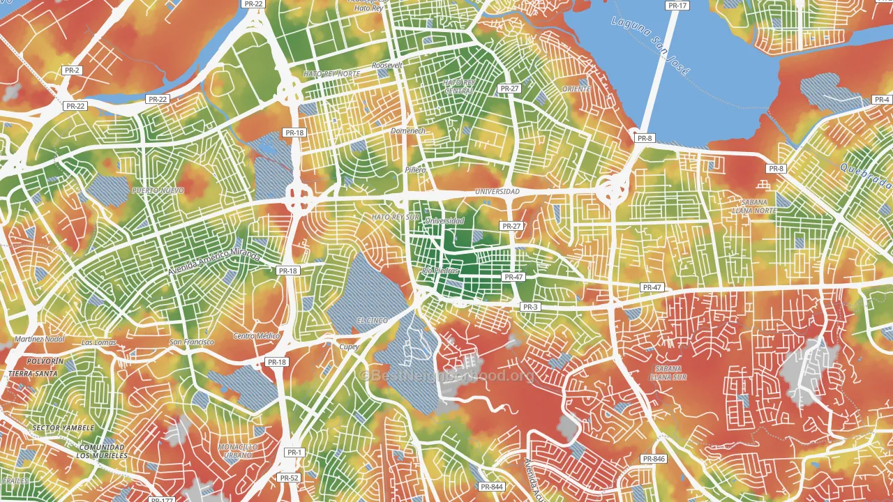 Walk Grade map of 00925, PR, walkable areas in green and car-dependent areas in red