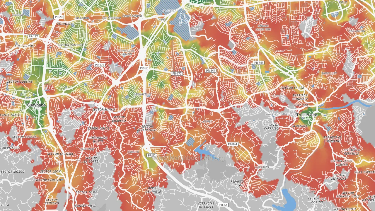 Walk Grade map of 00926, PR, walkable areas in green and car-dependent areas in red