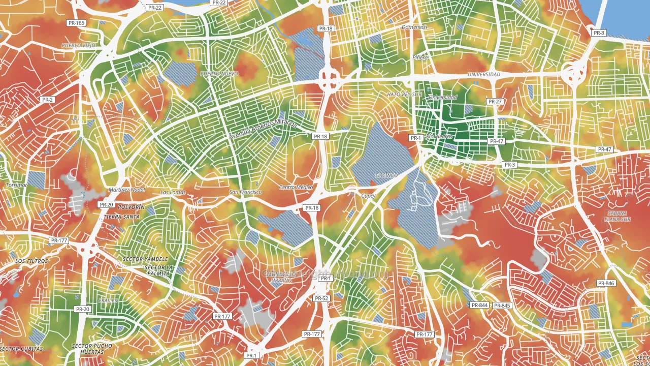 Walk Grade map of 00927, PR, walkable areas in green and car-dependent areas in red