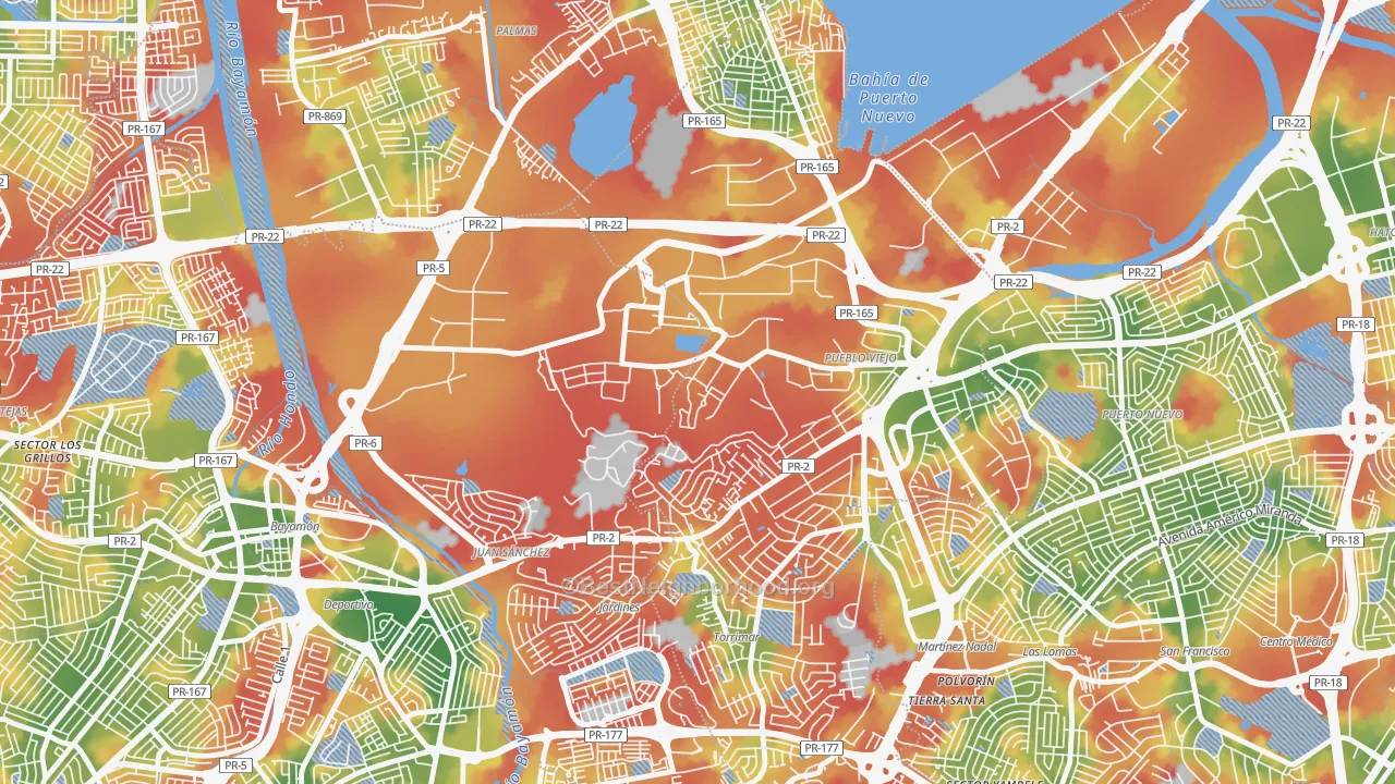 Walk Grade map of 00934, PR, walkable areas in green and car-dependent areas in red