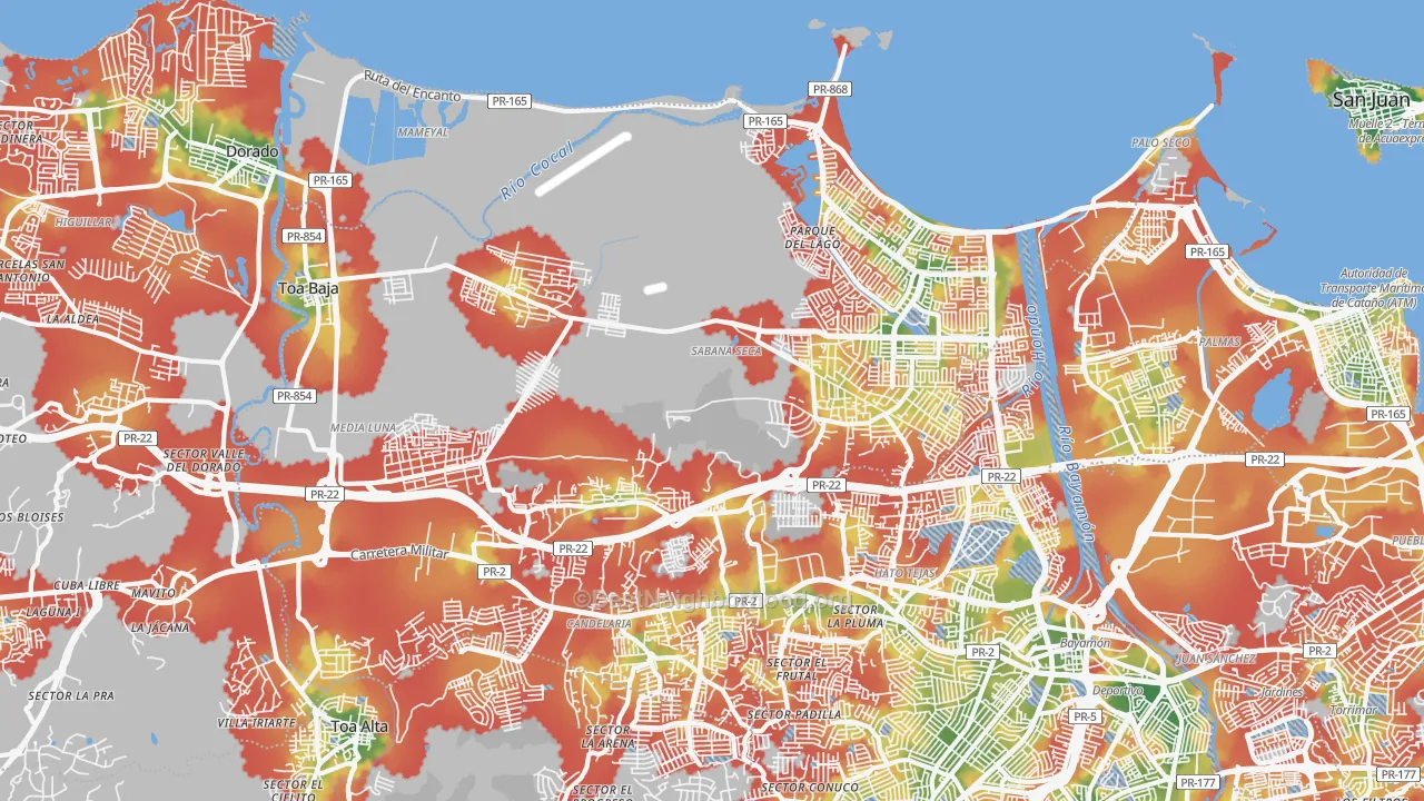 Walk Grade map of 00949, PR, walkable areas in green and car-dependent areas in red