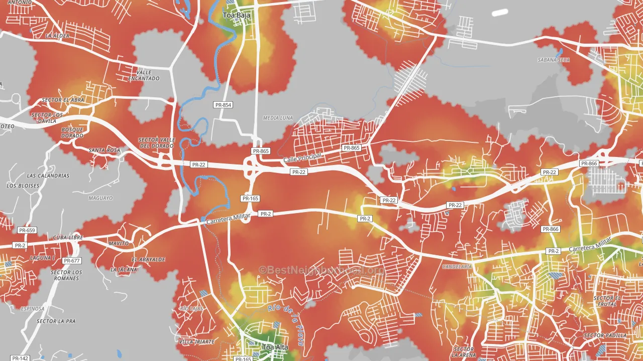 Walk Grade map of 00951, PR, walkable areas in green and car-dependent areas in red