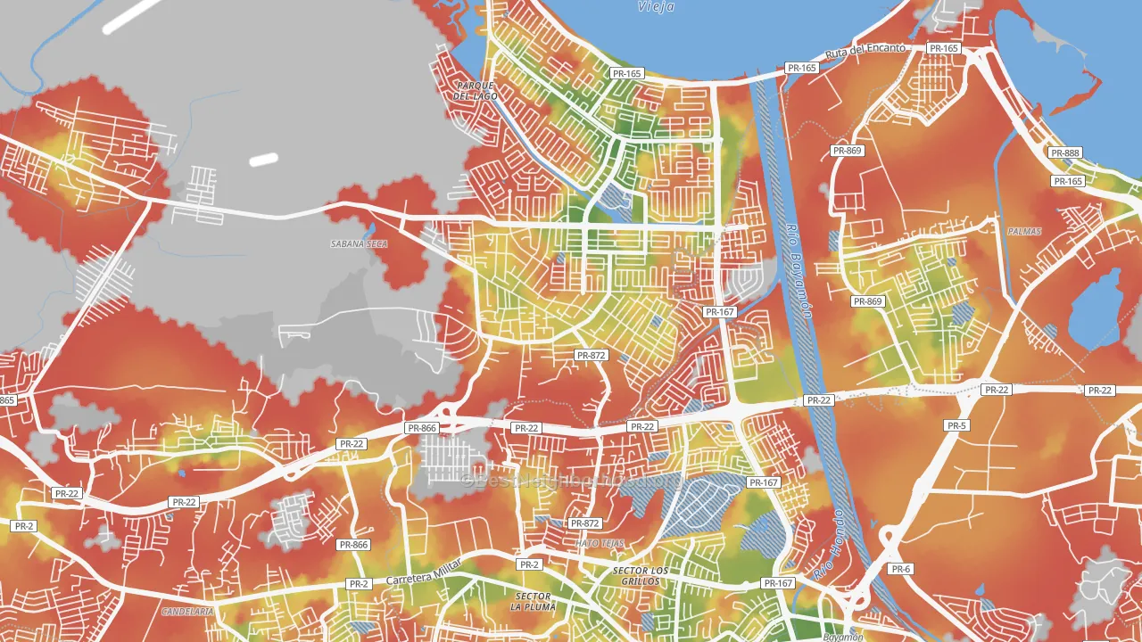 Walk Grade map of 00952, PR, walkable areas in green and car-dependent areas in red
