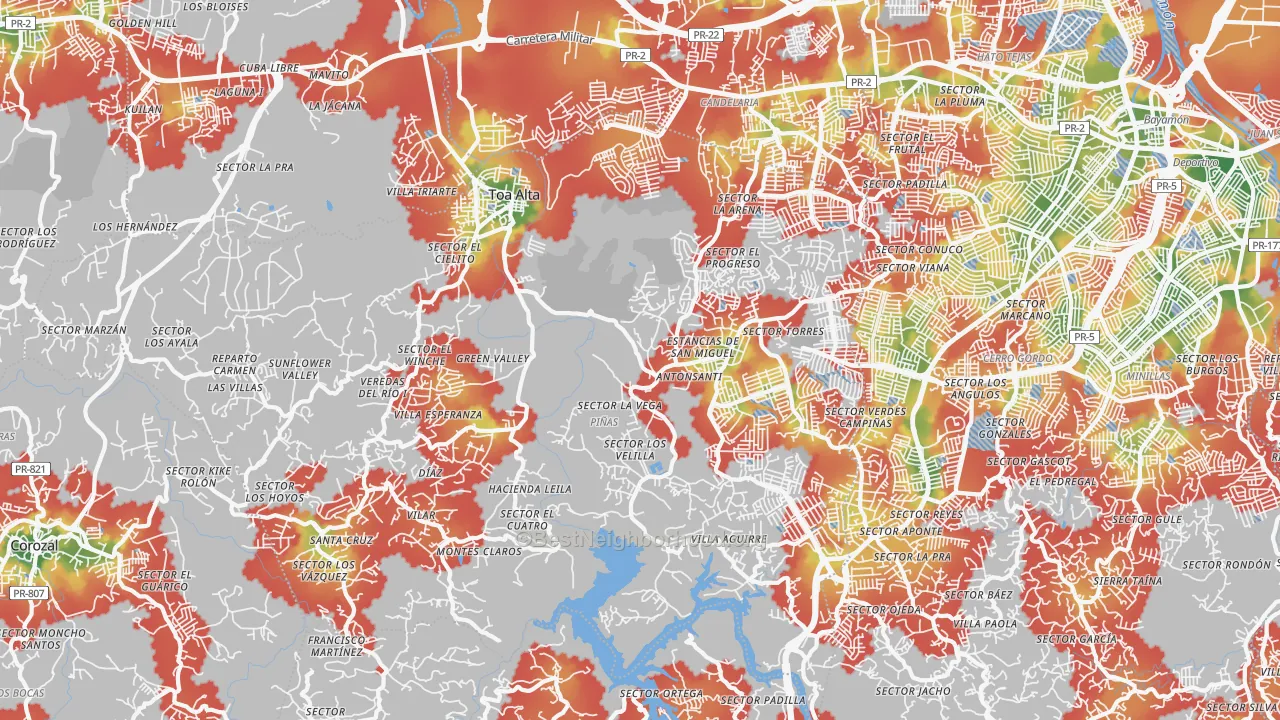 Walk Grade map of 00953, PR, walkable areas in green and car-dependent areas in red