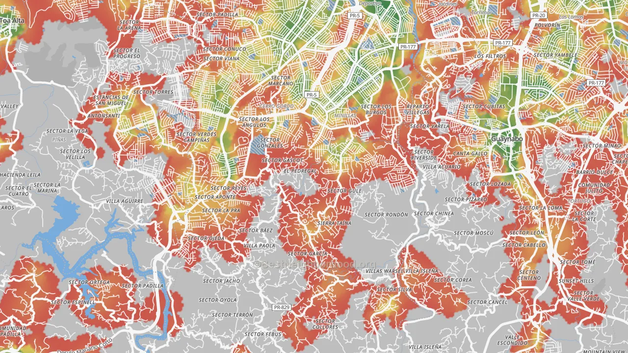 Walk Grade map of 00956, PR, walkable areas in green and car-dependent areas in red