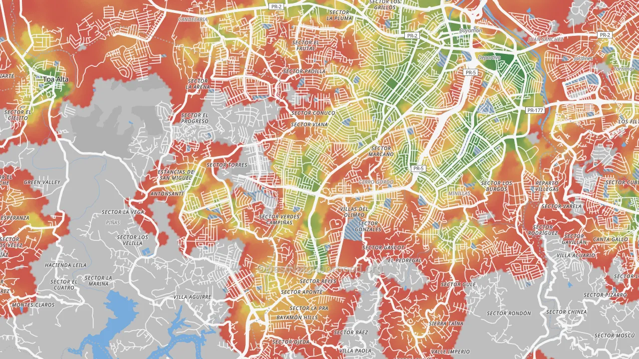 Walk Grade map of 00957, PR, walkable areas in green and car-dependent areas in red