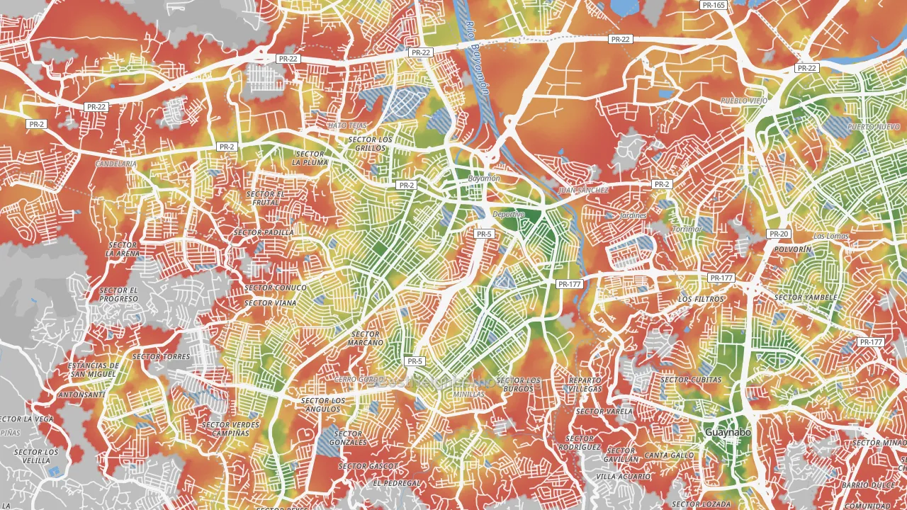 Walk Grade map of 00959, PR, walkable areas in green and car-dependent areas in red