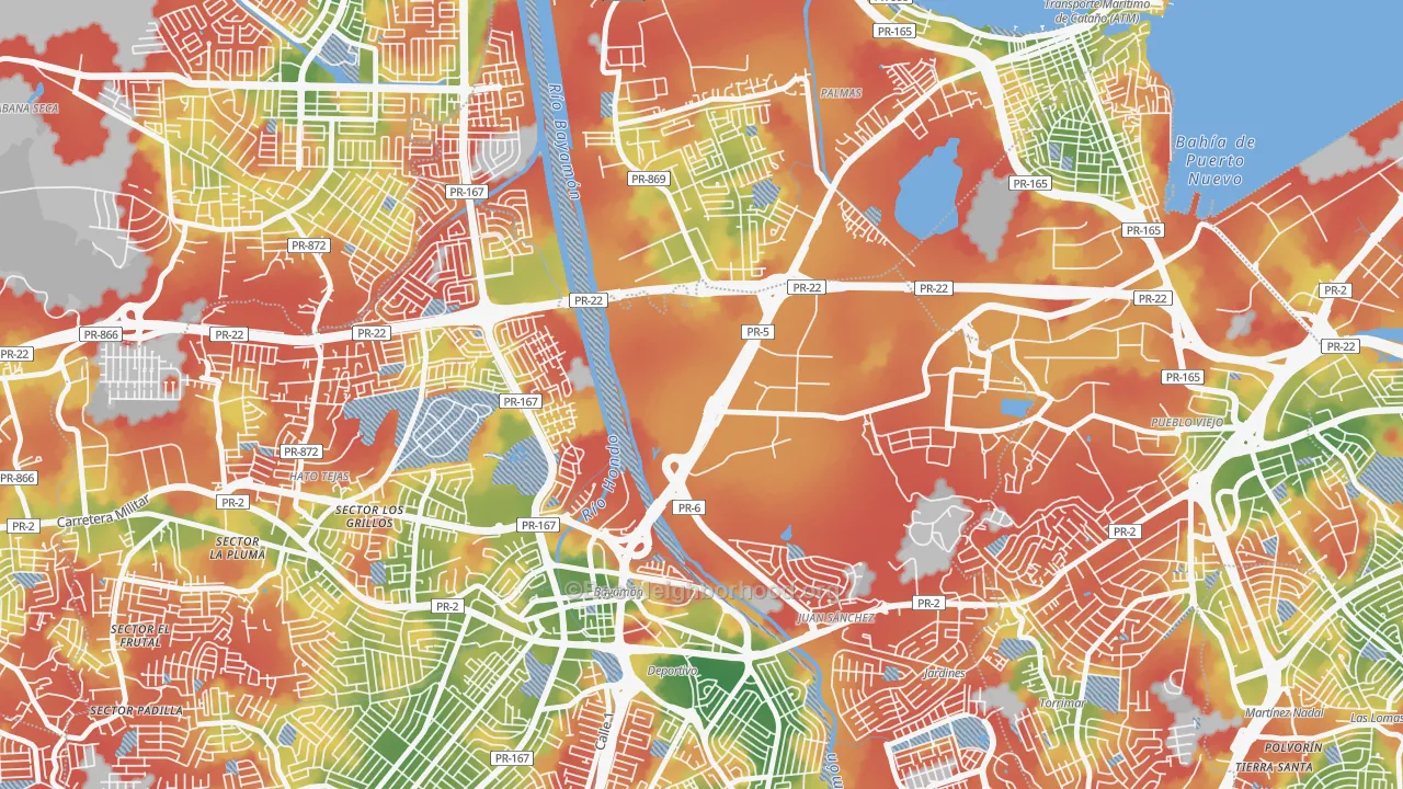 Walk Grade map of 00960, PR, walkable areas in green and car-dependent areas in red