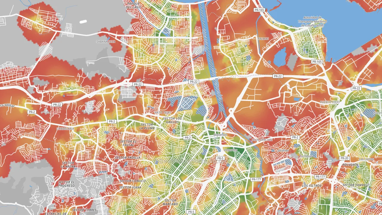 Walk Grade map of 00961, PR, walkable areas in green and car-dependent areas in red