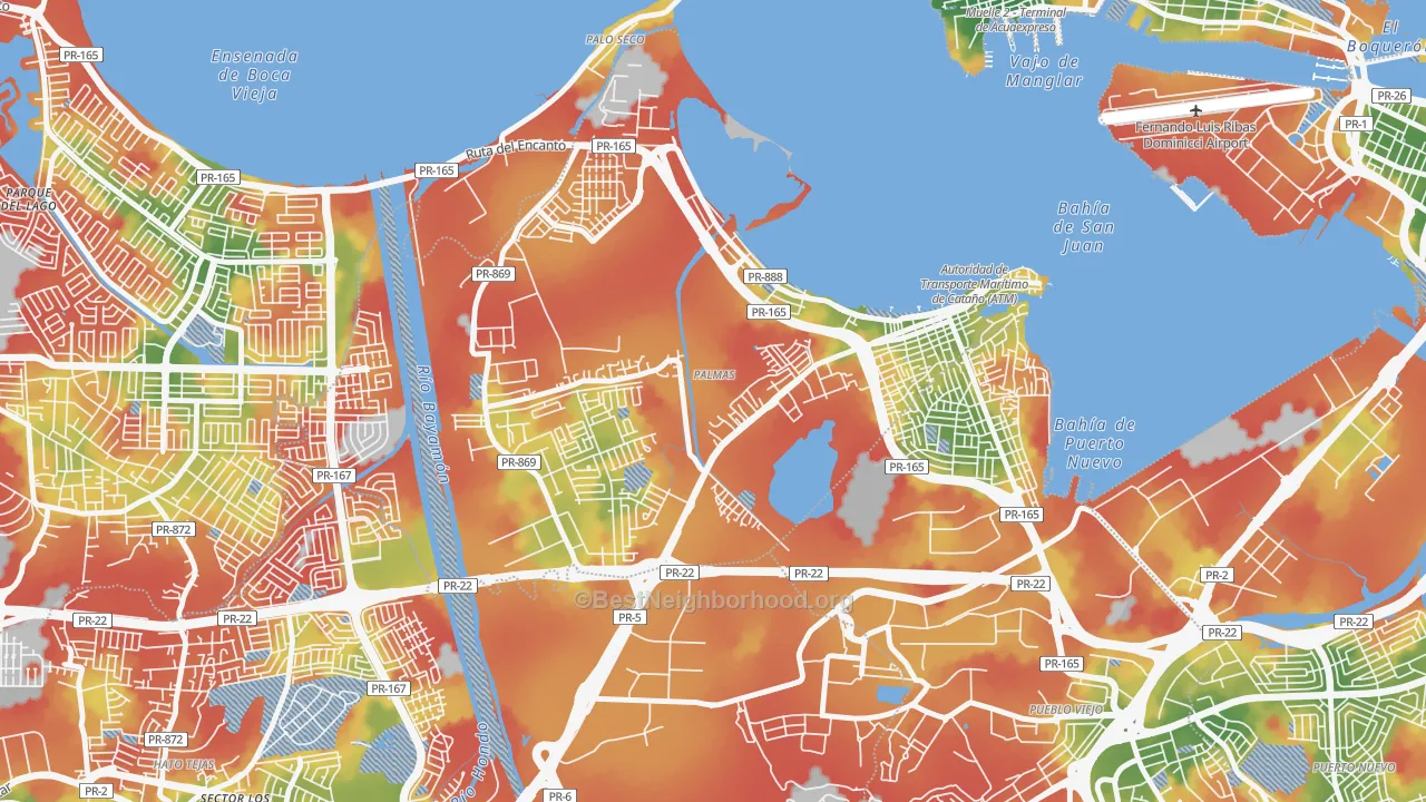Walk Grade map of 00962, PR, walkable areas in green and car-dependent areas in red