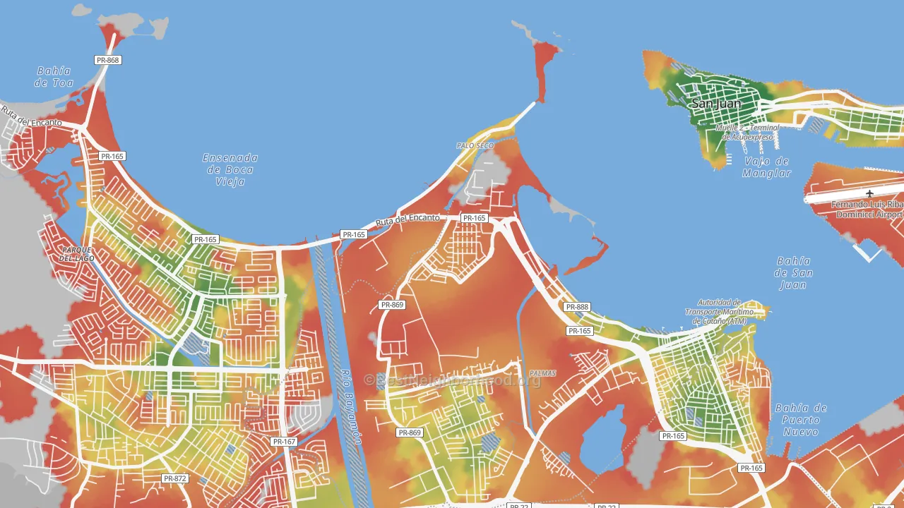 Walk Grade map of 00963, PR, walkable areas in green and car-dependent areas in red