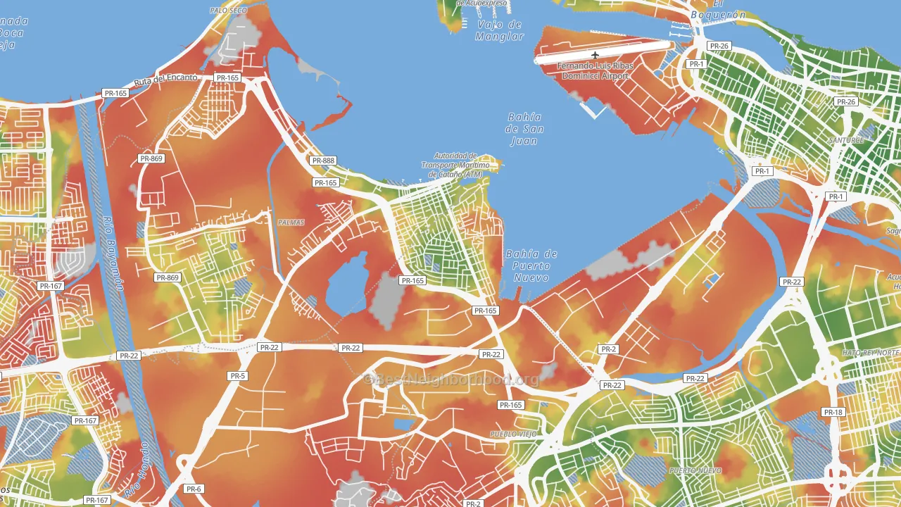 Walk Grade map of 00965, PR, walkable areas in green and car-dependent areas in red