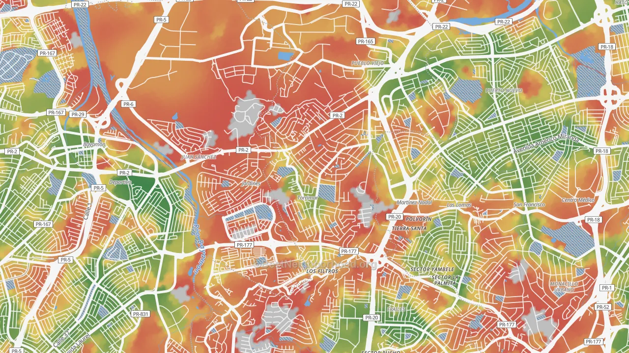 Walk Grade map of 00966, PR, walkable areas in green and car-dependent areas in red