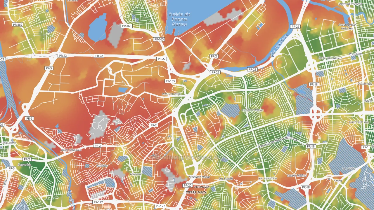 Walk Grade map of 00968, PR, walkable areas in green and car-dependent areas in red