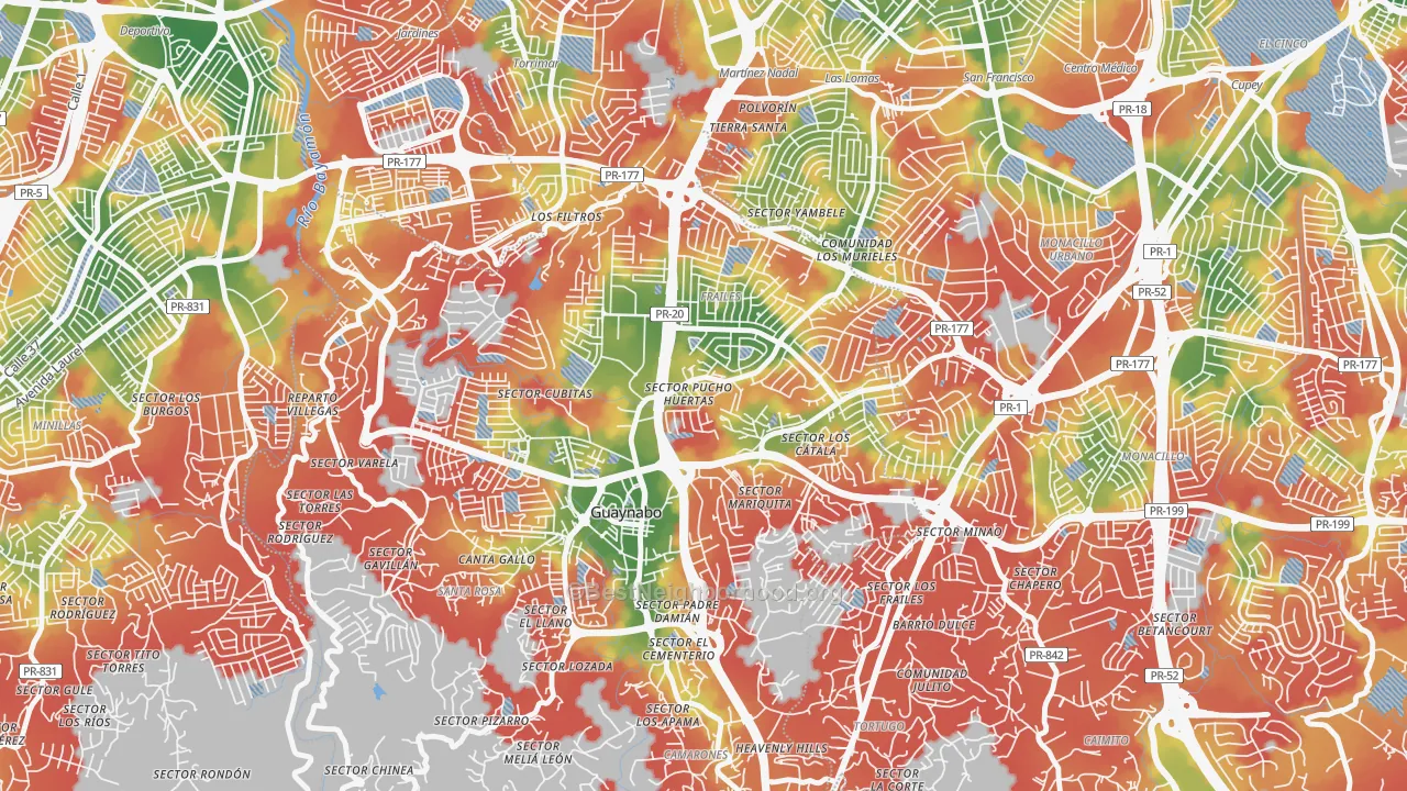 Walk Grade map of 00969, PR, walkable areas in green and car-dependent areas in red