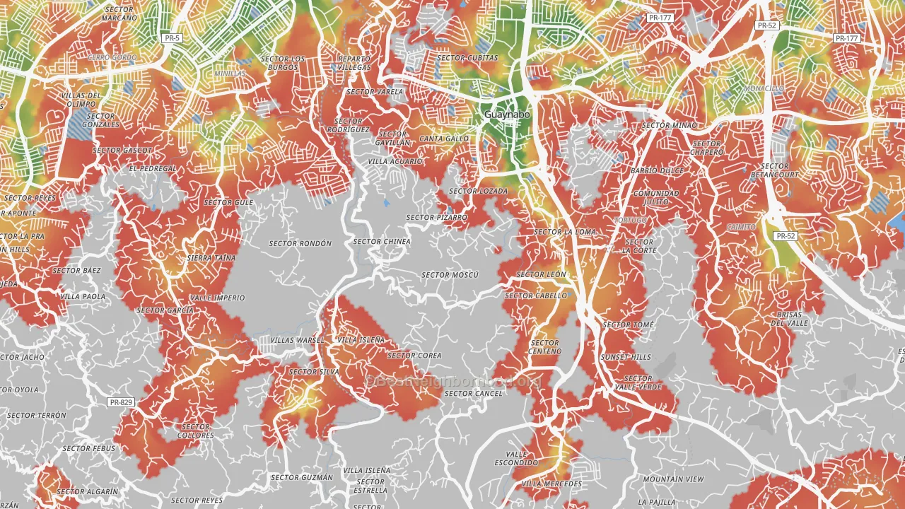 Walk Grade map of 00971, PR, walkable areas in green and car-dependent areas in red