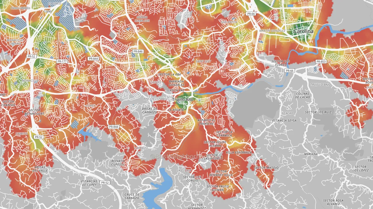 Walk Grade map of 00976, PR, walkable areas in green and car-dependent areas in red