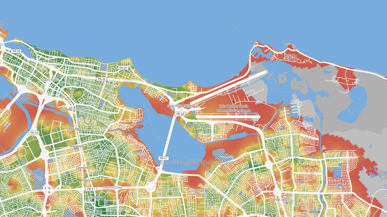 Walk Grade map of 00979, PR, walkable areas in green and car-dependent areas in red