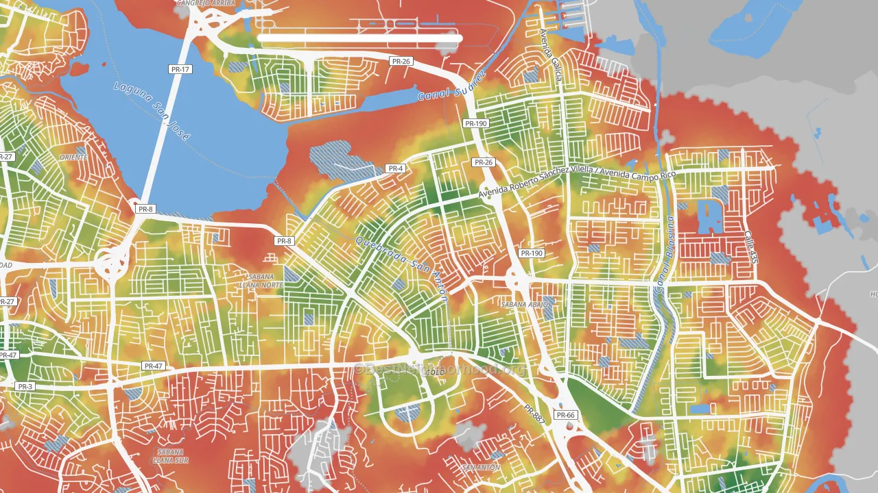 Walk Grade map of 00982, PR, walkable areas in green and car-dependent areas in red