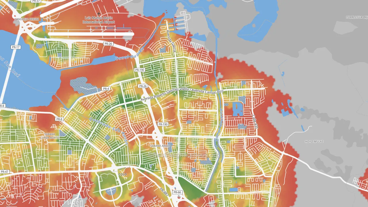 Walk Grade map of 00983, PR, walkable areas in green and car-dependent areas in red