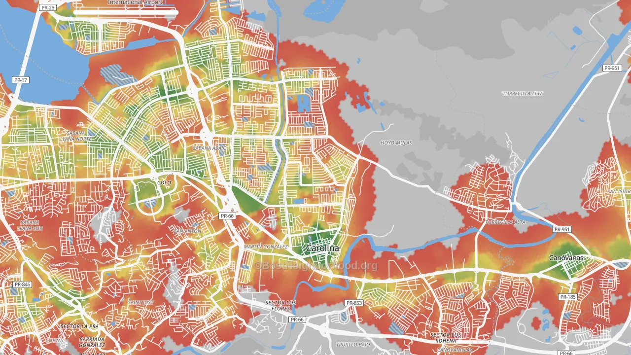 Walk Grade map of 00985, PR, walkable areas in green and car-dependent areas in red